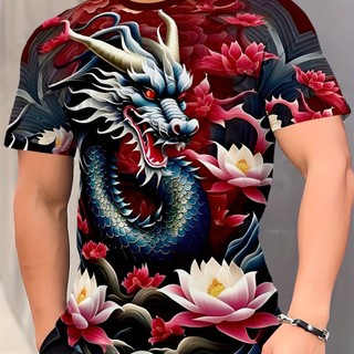 Camiseta Masculina Com Estampa De Dragão Oriental , Camisetas Casuais De Manga Curta Gola Redonda , Top Masculino Para A