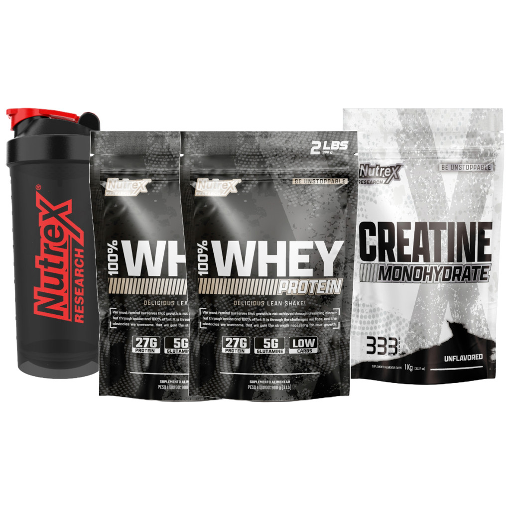 Kit 2x 100% Whey 900g + Creatina Monohydrate 1kg + Coqueteleira  Ganhe Força, Massa e Praticidade