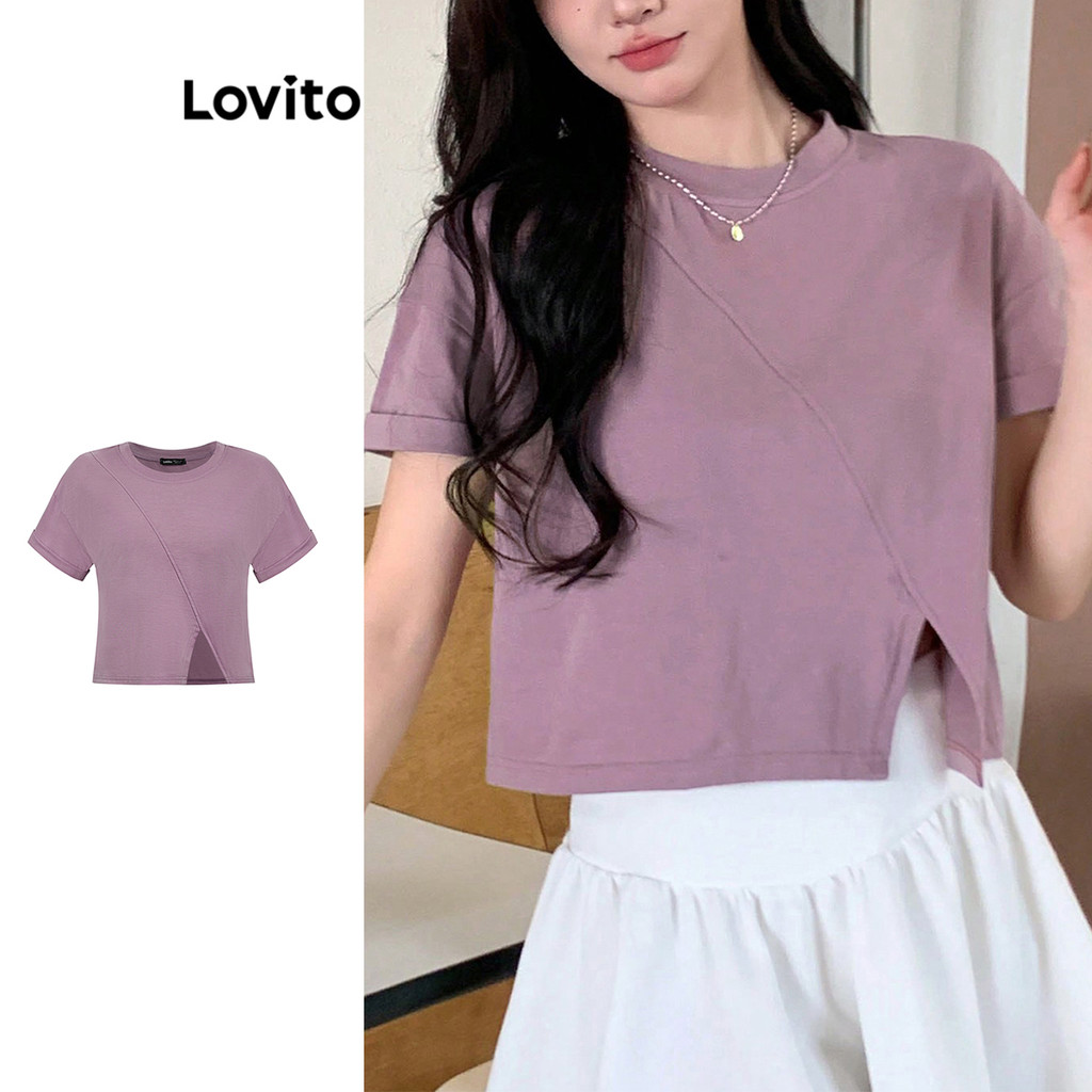 Lovito Camiseta casual lisa assimétrica para mulheres L108ED573 - Women Clothes