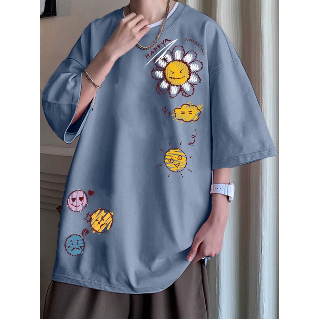 T Shirt Azul Bordada Camisa Personalizada Nuvem Sorriso Coração Sol Flor Emocões Camiseta Academia
