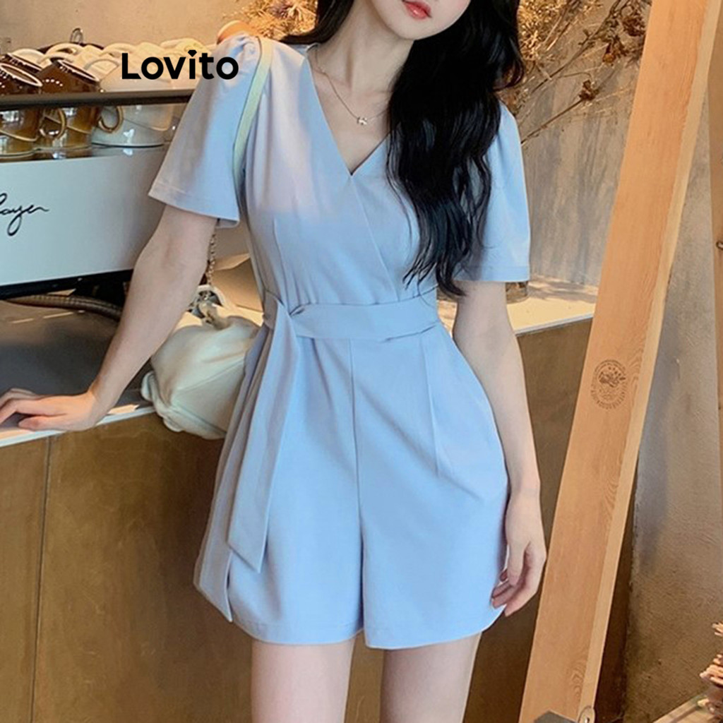 (Trendy) Lovito Casual Macacão Feminino Liso com Cinto L80ED220 - Women Clothes