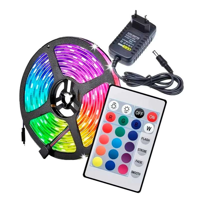 Fita de LED 2835 / 3528 RGB 300 LED 5M 12V IP65 Colorida COM Controle Remoto e Fonte Inclusos