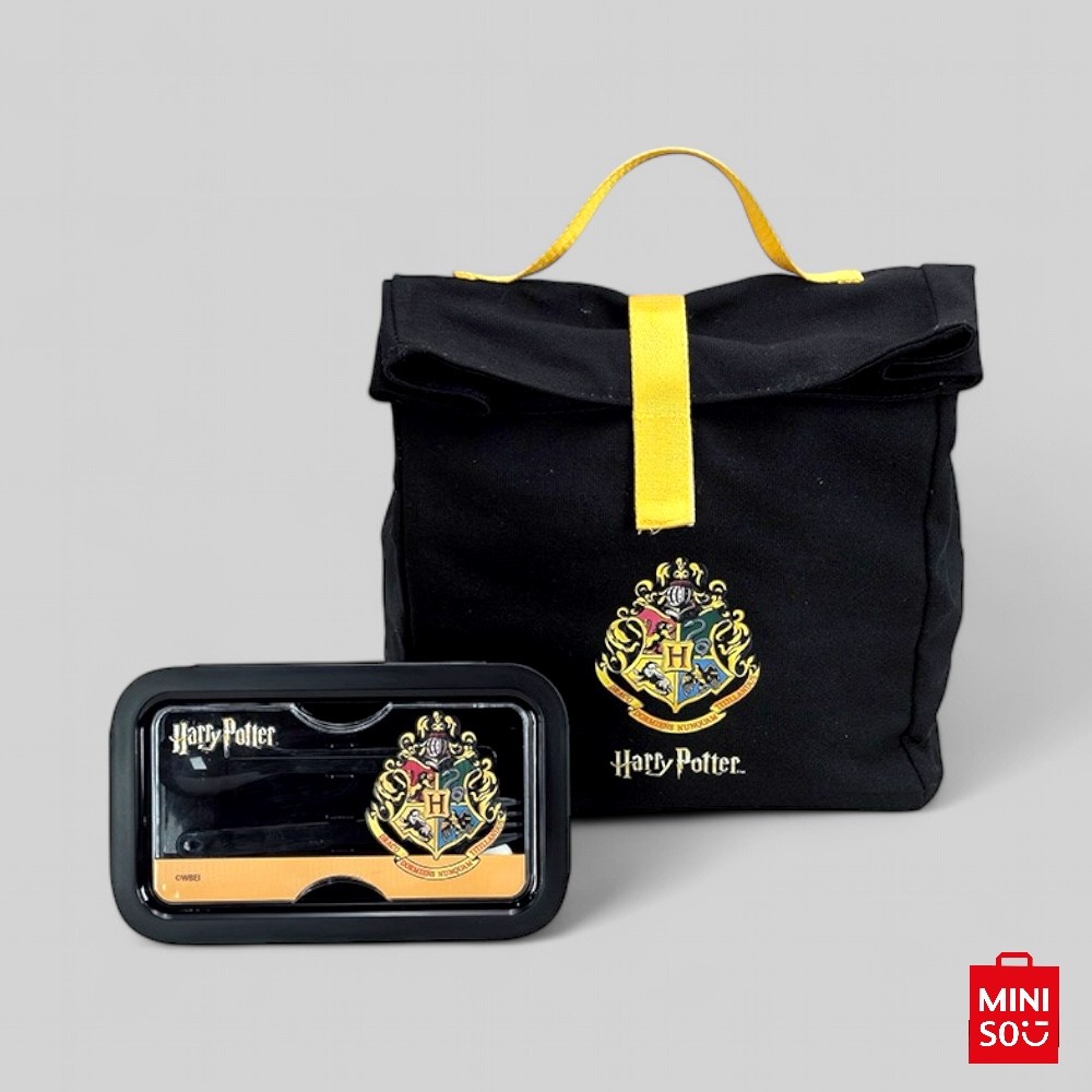 Kit Bolsa Térmica Harry Potter Hogwarts Miniso com Marmita 850ml Hermética e Bolsa Alça Curta