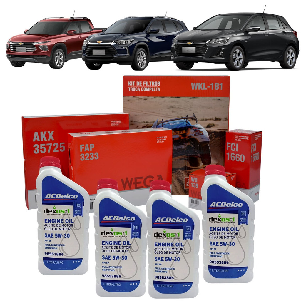 Kit Revisão 4 Litros Óleo 5w30 AcDelco Dexos1 + Filtros Wega Chevrolet Onix Plus|Montana|Tracker - Motores 3 cilindros