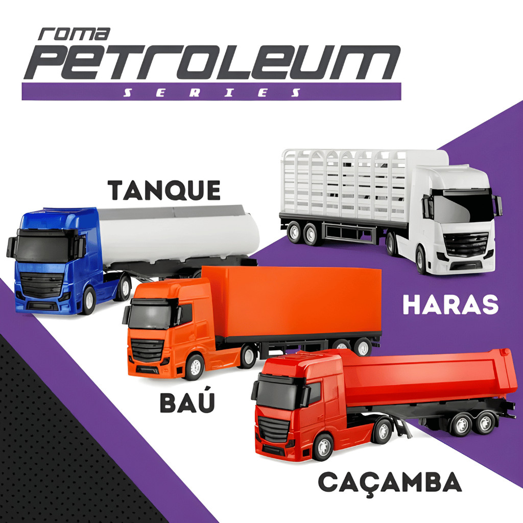 Kit 4 Caminhões Brinquedo Petroleum Series – Roma / Baú Caçamba Tanque Haras / Caminhão Infantil