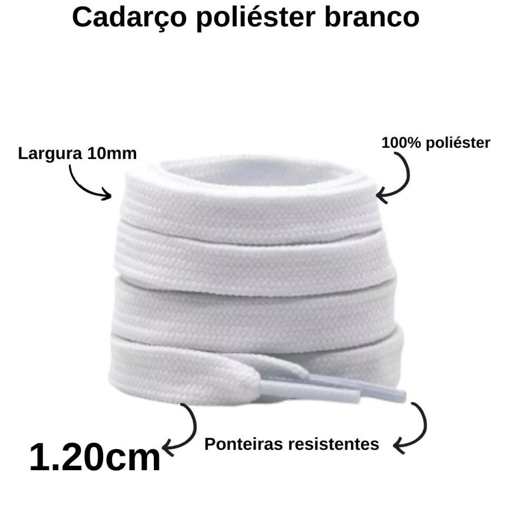 Cadarço Branco Compatível Todas Marcas Achatado 100% Poliéster 1.20cm Resistente — imagem 2 de 2