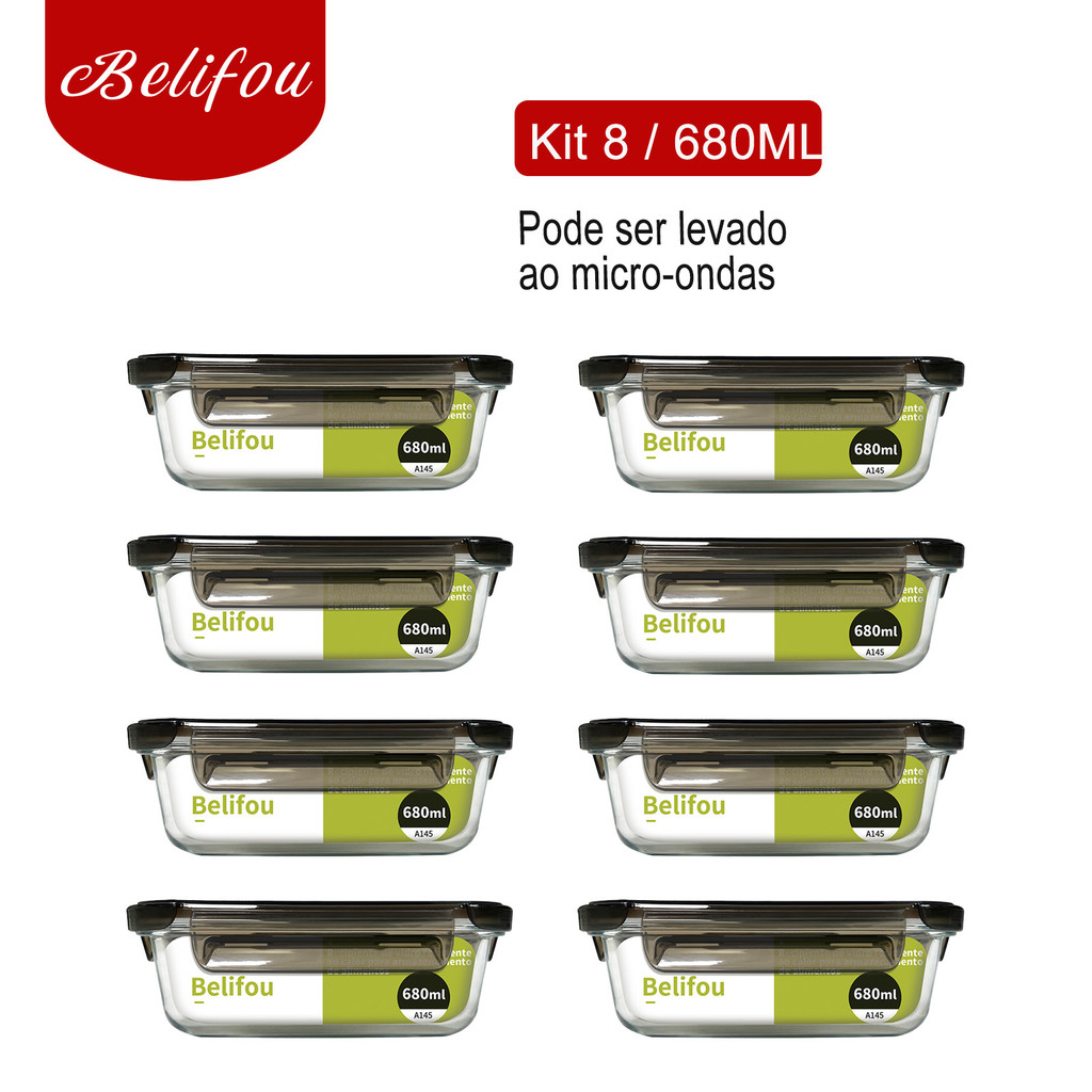 Belifou Kit 8 Potes Herméticos 680ml Vidro 4 Travas Marmita Microondas Resistente - Home & Living