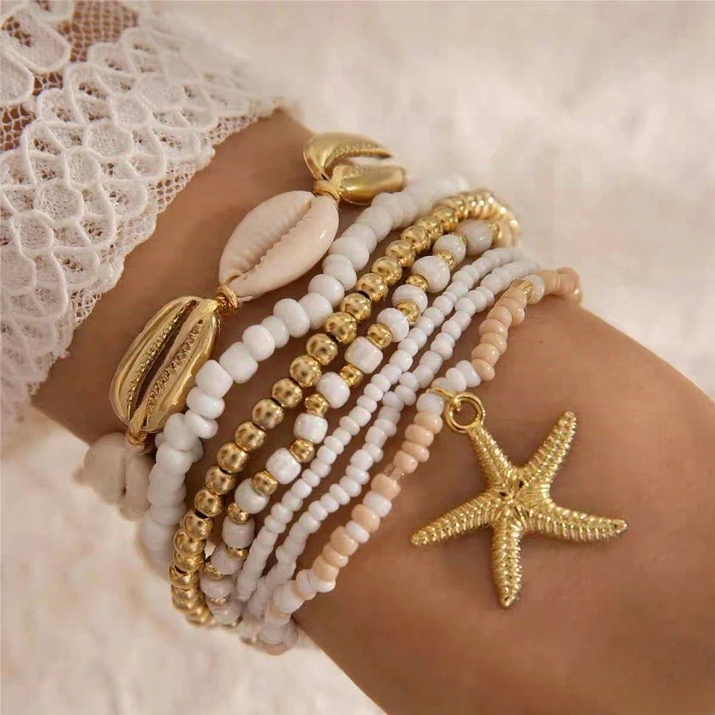 Pulseiras trançadas com contas de arroz e conchas de estrela do mar com 7 peças para férias na praia em Oferta na Shopee