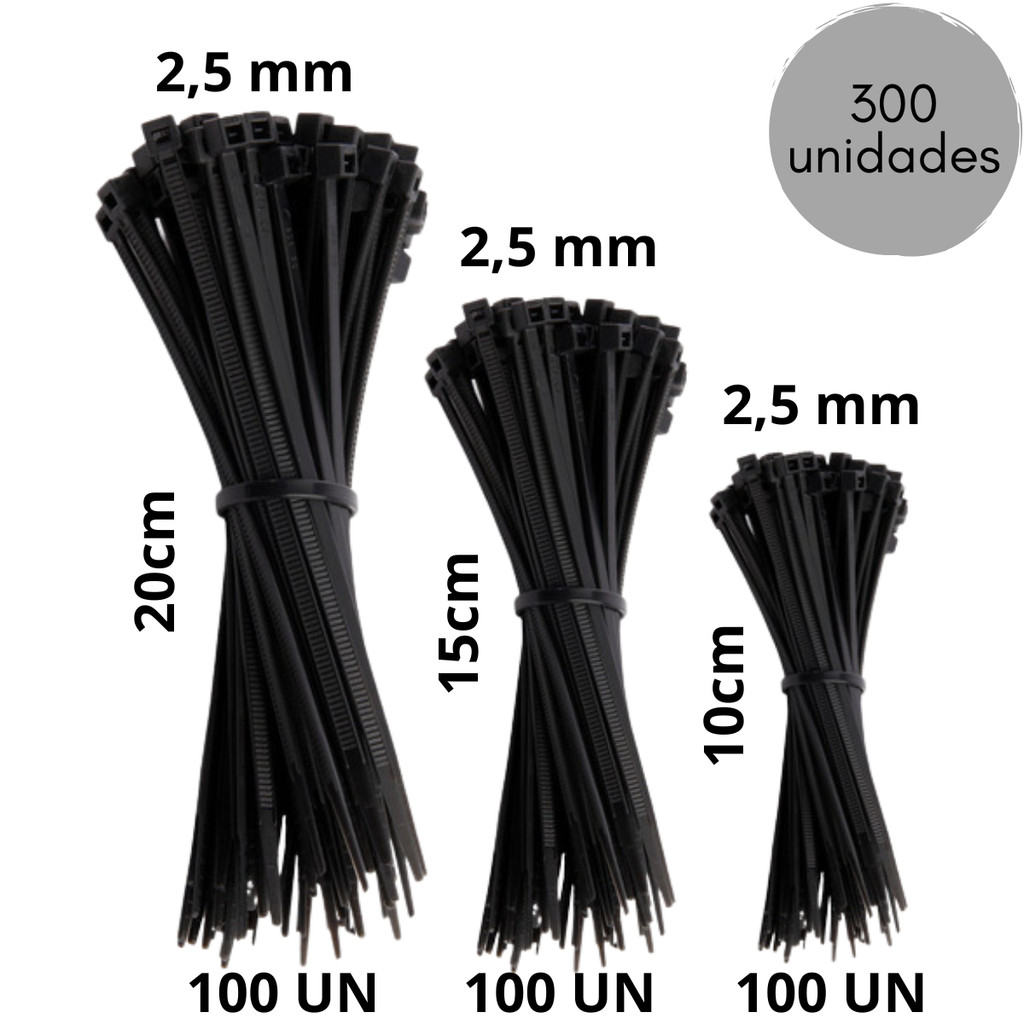 300 Unidades Abraçadeira Nylon 3 tamanhos 10, 15 e 20 cm X 2,5 mm Enforca Gato Presilha Lacre Fita
