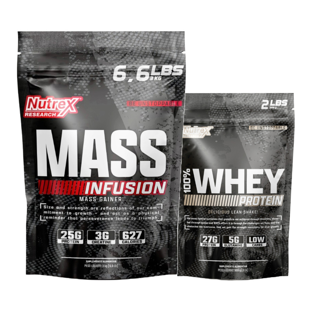 Kit Mass INFUSION 3KG + 100% WHEY Protein 900G Nutrex Ganho de Massa e Recuperação