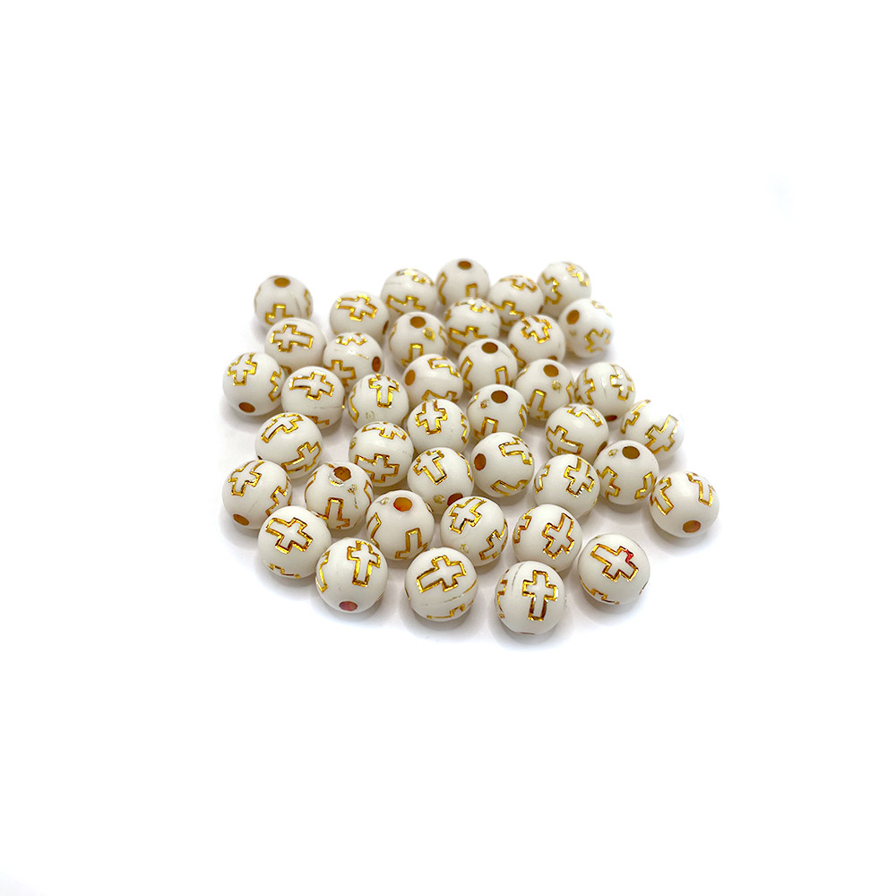 Entremeio Passante Bola com Cruz 8 mm Branco e Dourado com Furo em Acrílico - 10 gramas