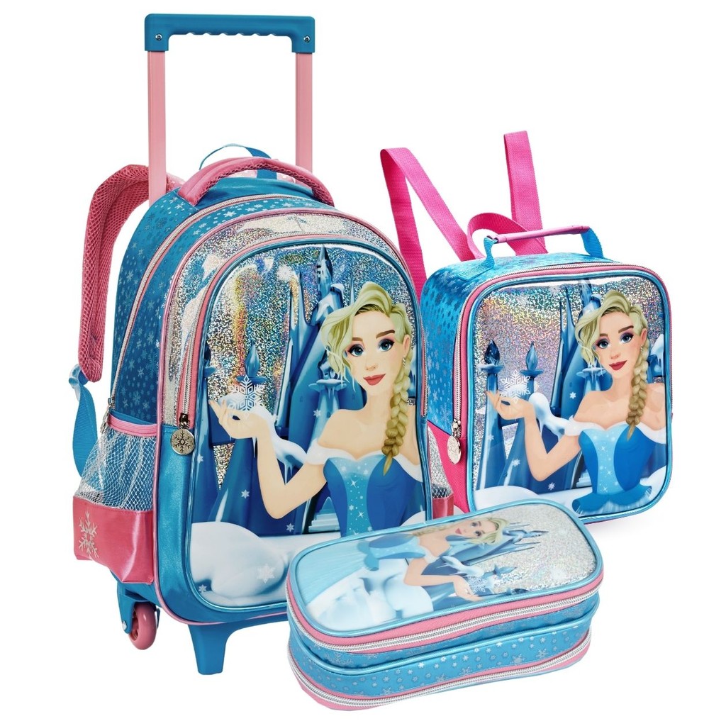Kit Escolar Infantil Mochila de Rodinha Meninas Estojo e Lancheira