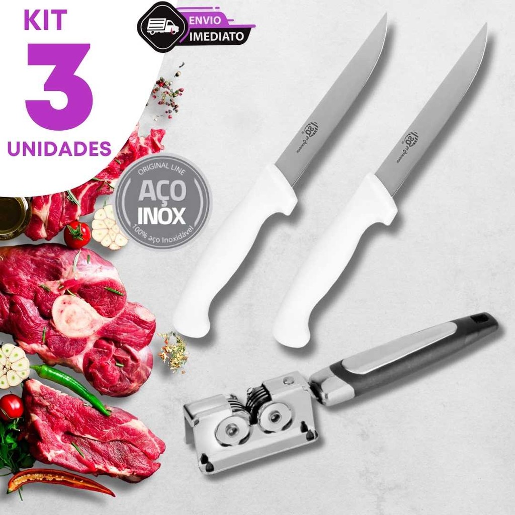 Combo 3 Pecas 2 Facas Desossa Inox 27cm e Afiador Manual Profissional Cozinha Açougue Bar Churrasco