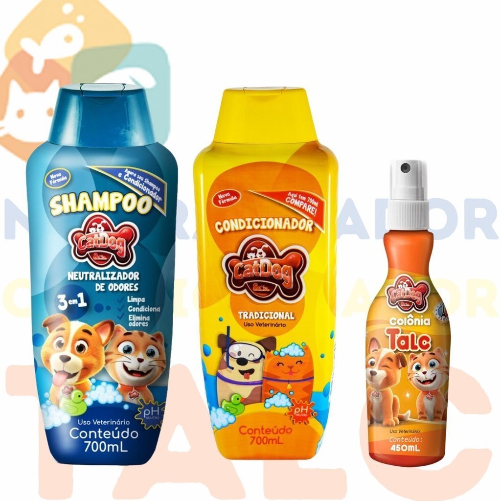 Kit Banho Pet Shampoo para Cachorro Cães 700ml CatDog + CONDICIONADOR + Colonia TALC 120ml em Oferta na Shopee