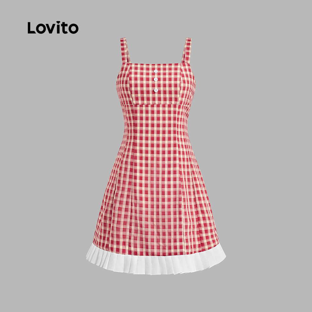 (Trendy) Lovito Vestido Casual Xadrez Falso 2 Em 1 Vestido Plissado Com Botão Para Mulheres L125AD203 - Women Clothes