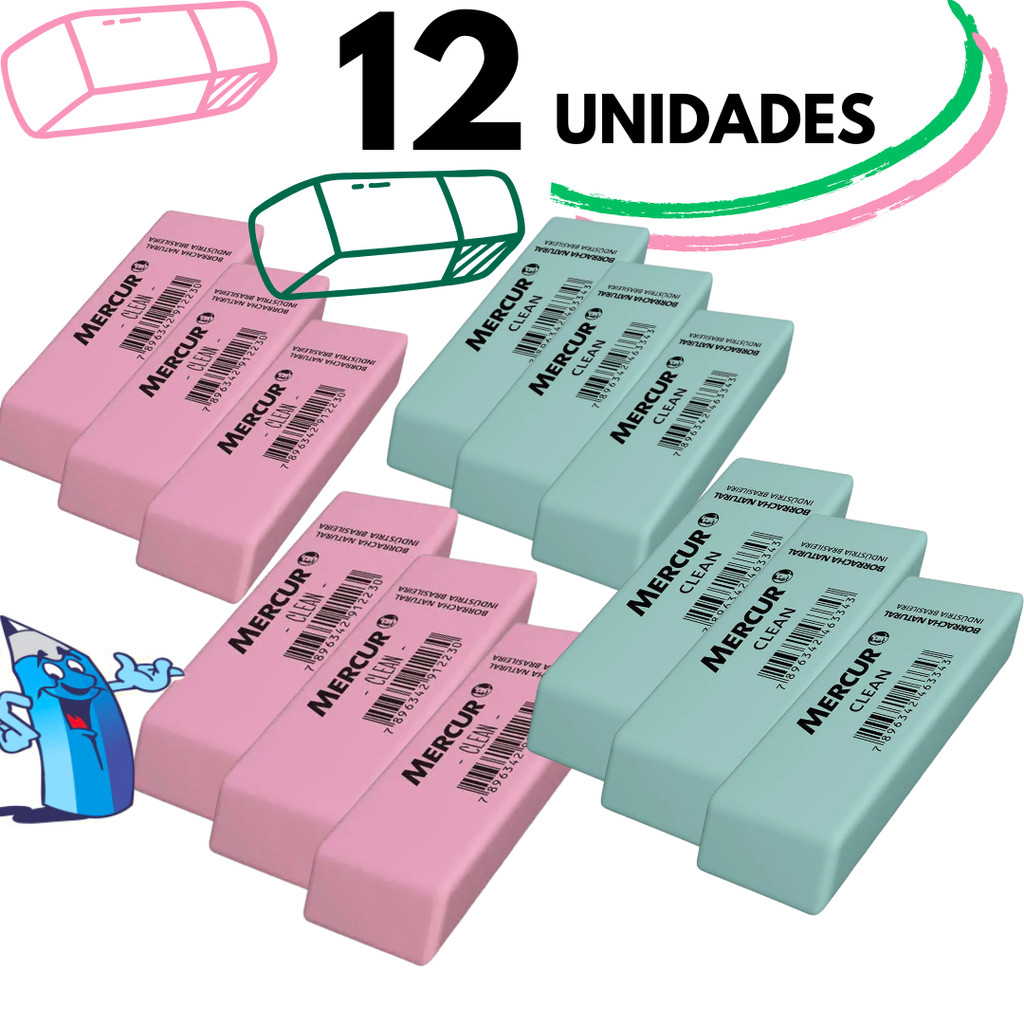 BORRACHA ESCOLAR MERCUR CLEAN ROSA 12 UNIDADES PAPELARIA em Oferta na Shopee