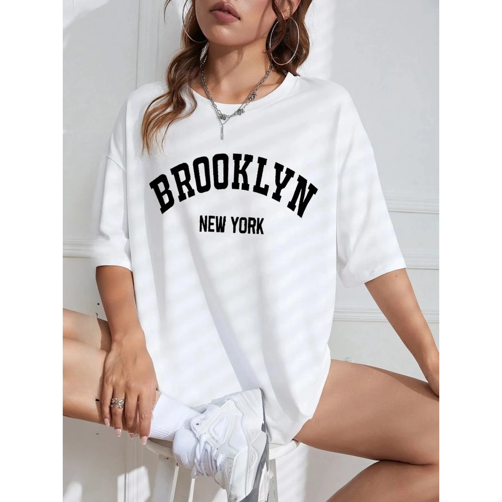 Camiseta estampada em Brooklyn New York feminina, roupas com gola redonda, tops vintage, camiseta