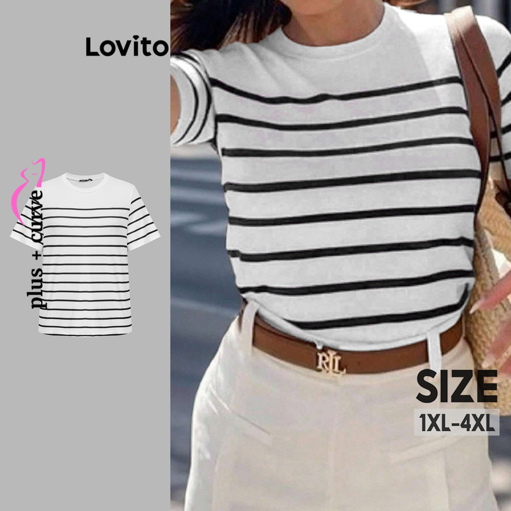 Lovito Camiseta Plus Size Curve Casual Listrada Padrão para Mulheres LBL20219 - Women Clothes
