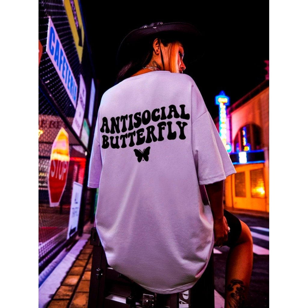Camiseta Streetwear Unissex Estampada Antissocial Butterfly Blusa Oversized Longa Feminina Verão