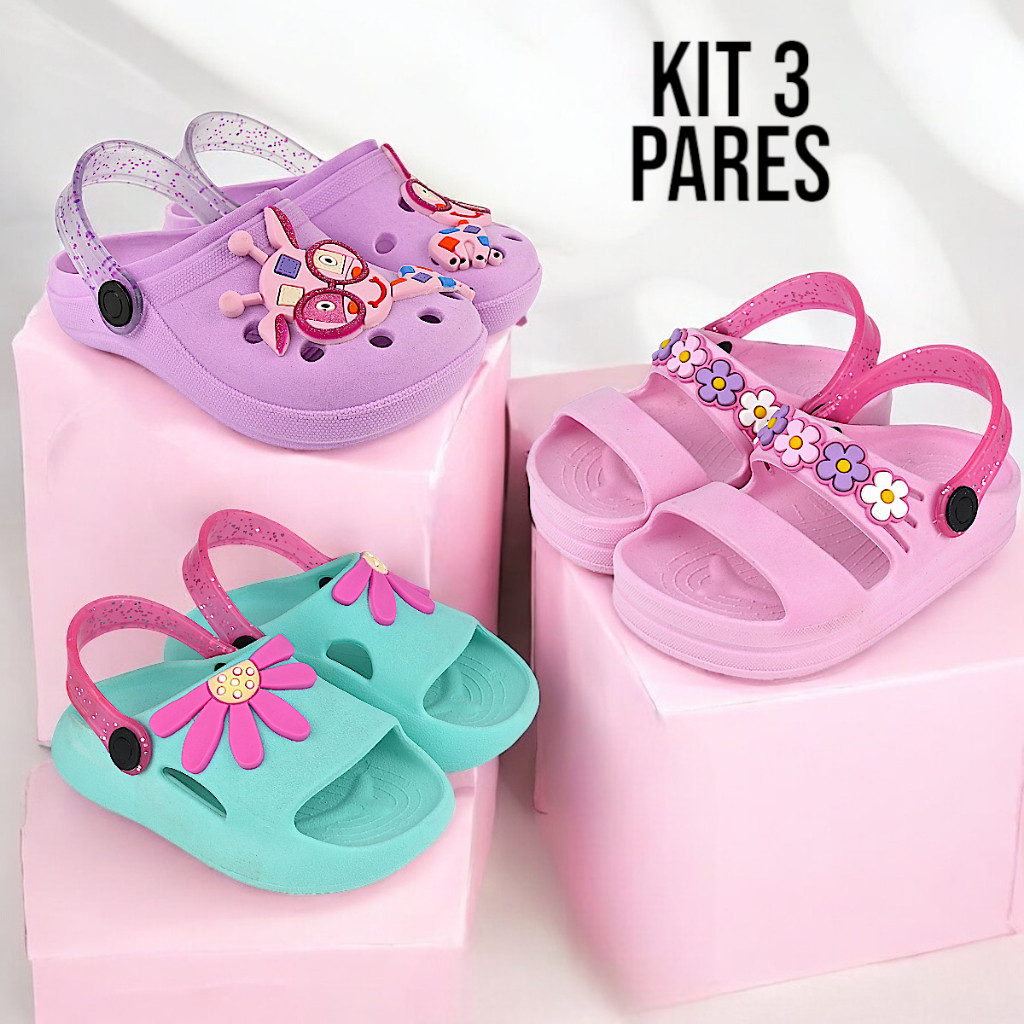 Kit 3 Pares Sandália Papete Menina Infantil Conforto