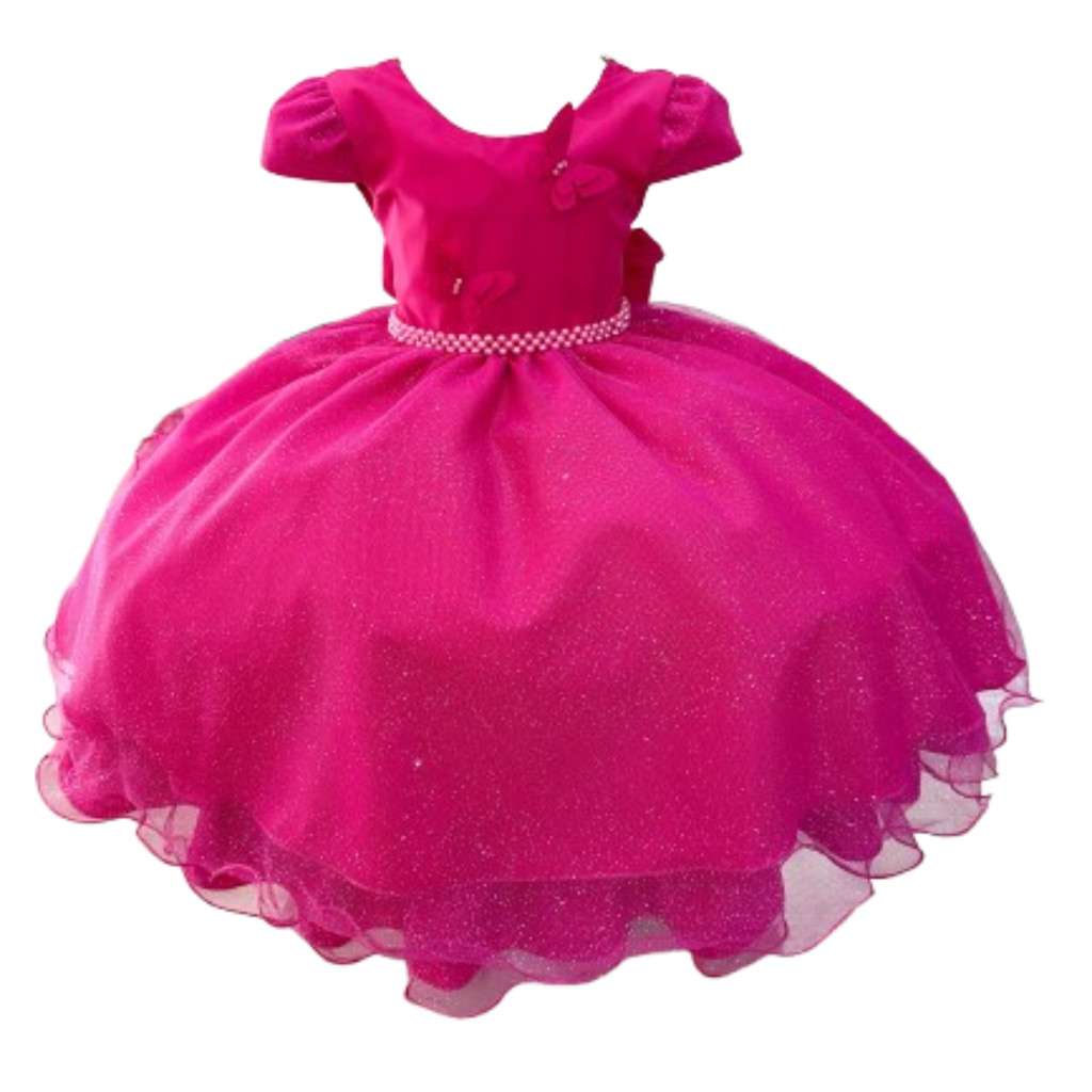 Vestido Borboleta Luxo Pink para Festas e Casamentos Cinto em Pérolas Glitter na Saia md5066