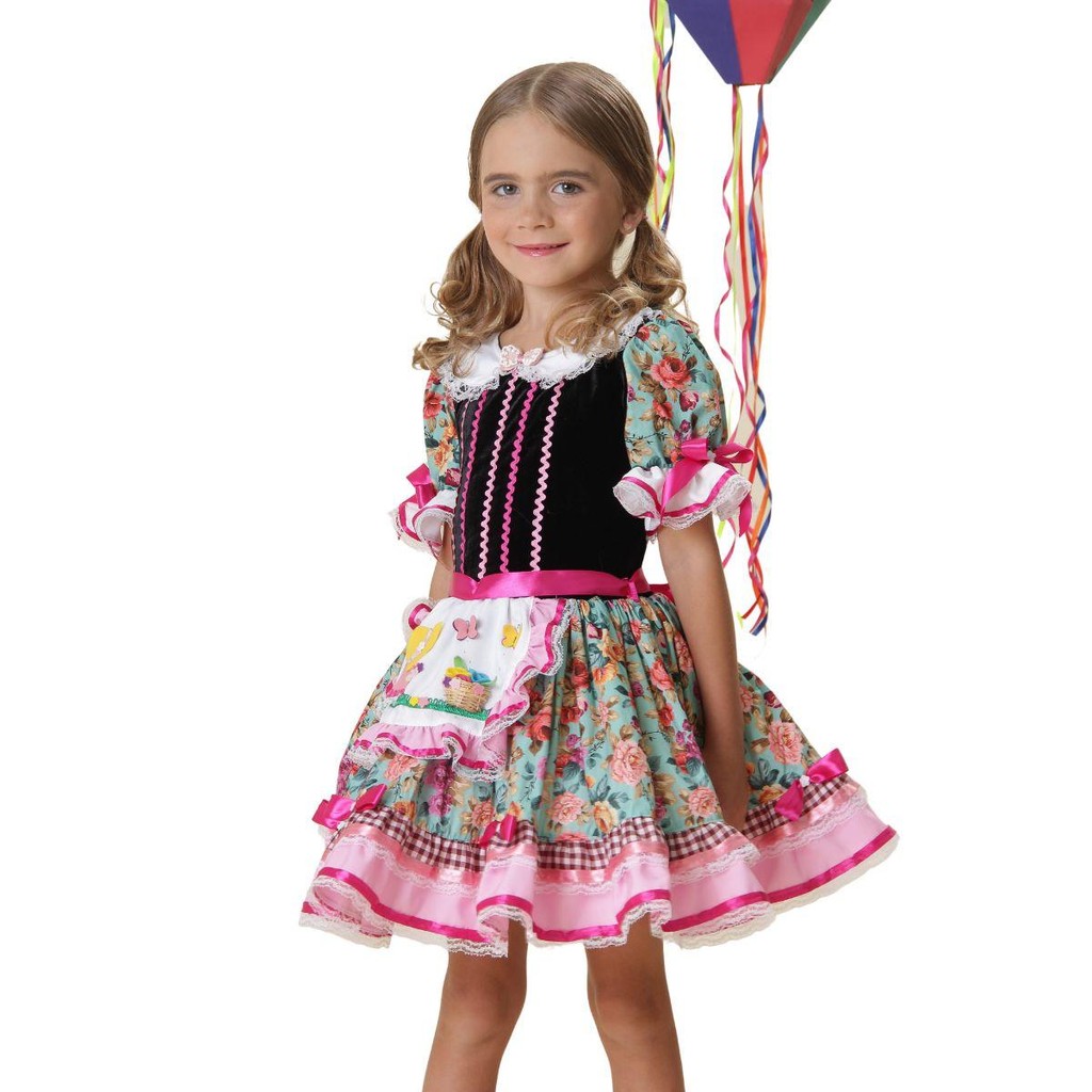 Vestido Infantil de Festa Junina Preto Floral Rosa Delicado Rodado com Armação Embutida na Saia pra Meninas