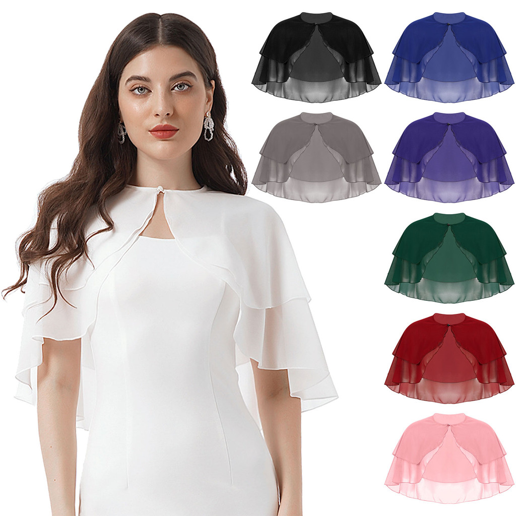 Yeahdor Feminino Elegante Cor Pura Chiffon Xale Capa Babado 2 Camadas Envolve Bolero Vestido Acessório Para Festa De Cas