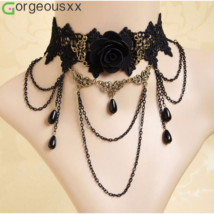 [Gorgeousxx] Gargantilha Vintage Elegante De Renda Rosa Preta Para Mulheres Com Borlas Em Camadas , Joias Da Moda