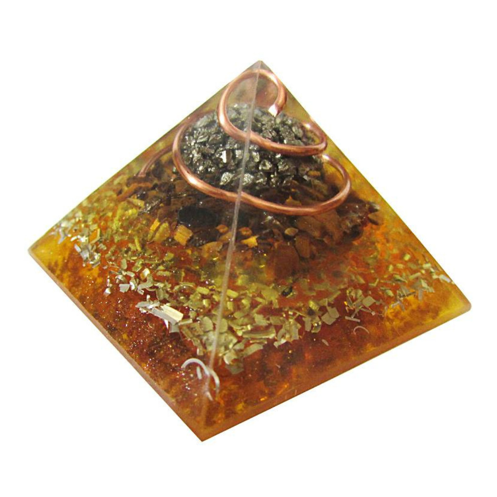 Imagem Orgonite Pirâmide Prosperidade Pirita Olho De Tigre 4cm Riqueza