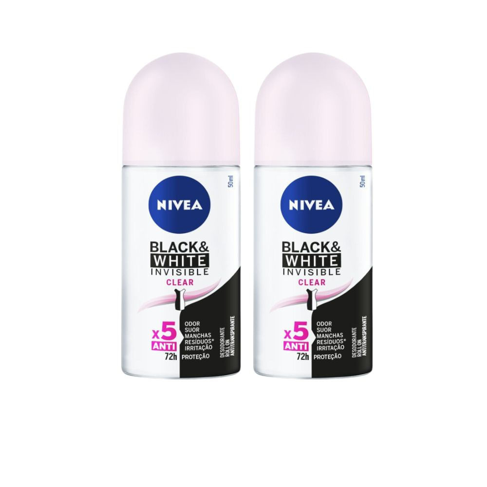 Kit 2 Desodorante Antitranspirante Nivea Roll On Invisible Black & White Clear 50ml - Beauty