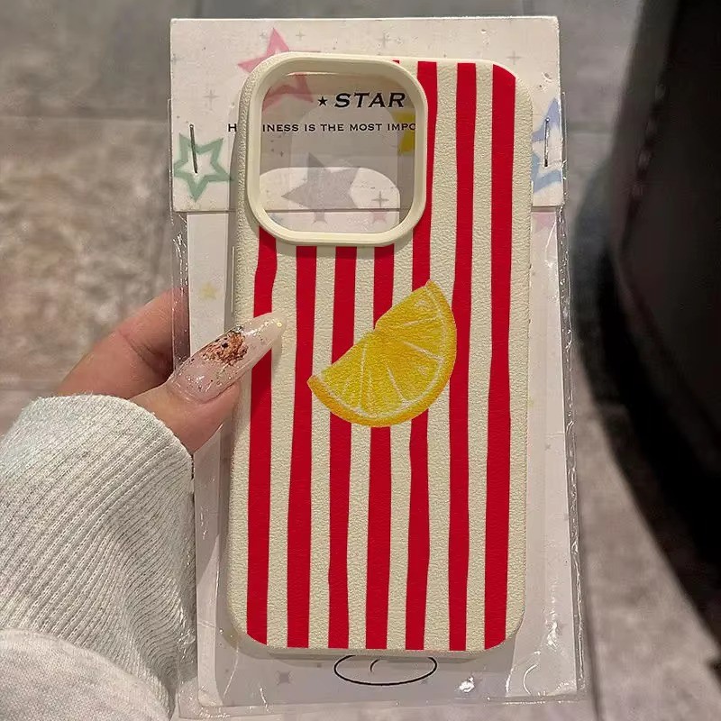 Vermelho Listrado Limão Caso De Telefone Para iPhone 16 Pro Max 15 14 11 12 13 XS 16E Capa Padrão Lichia Casos Antiderra