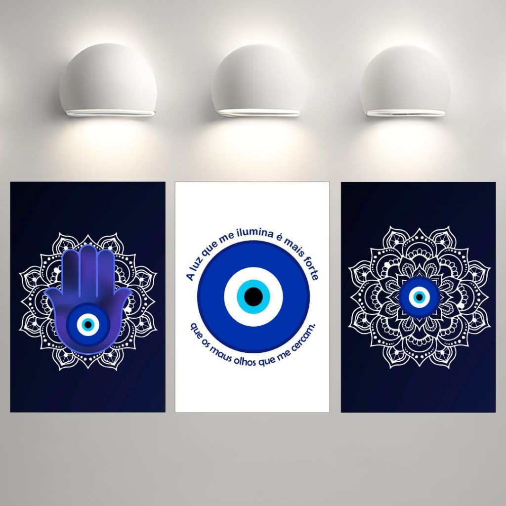 Kit 3 Quadros Cabeceira Olho Grego Mão de Fátima Sala Escritório quarto Mdf Decorativo