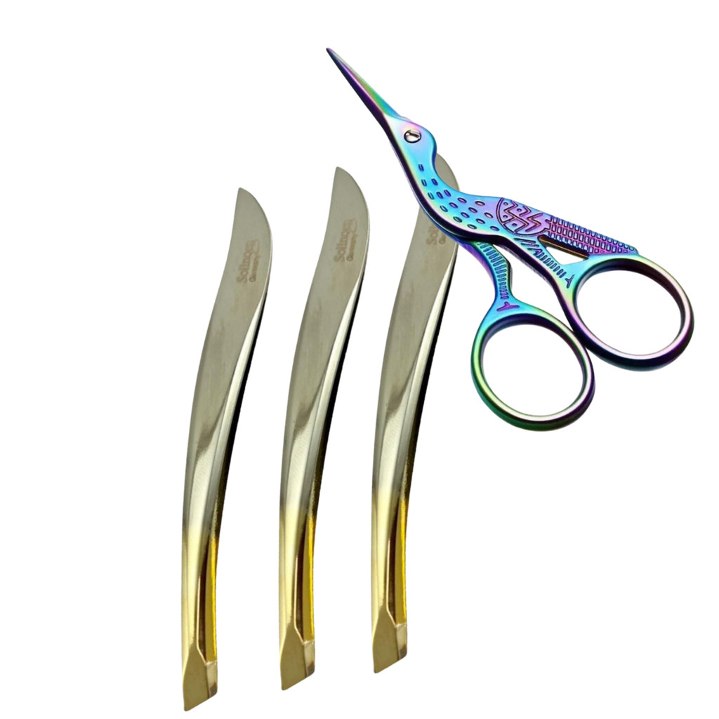 Kit 3 Pinças Solingen Chanfrada Folha Designer Sobrancelhas + Tesourinha Garça Color
