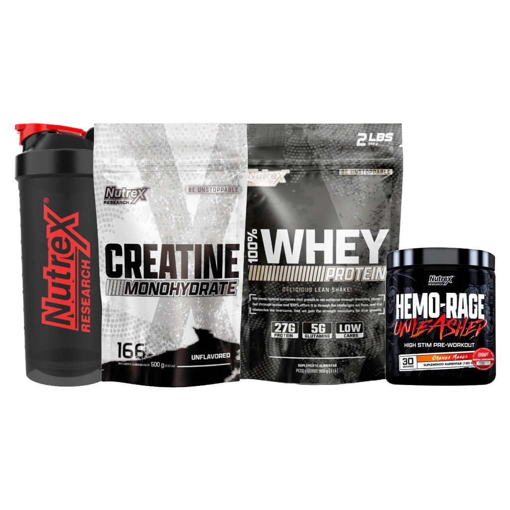 Kit Completo 100% Whey 900g + Hemo-Rage 180g + Creatina 500g + Coqueteleira Nutrex Research Força, Energia e Resultados