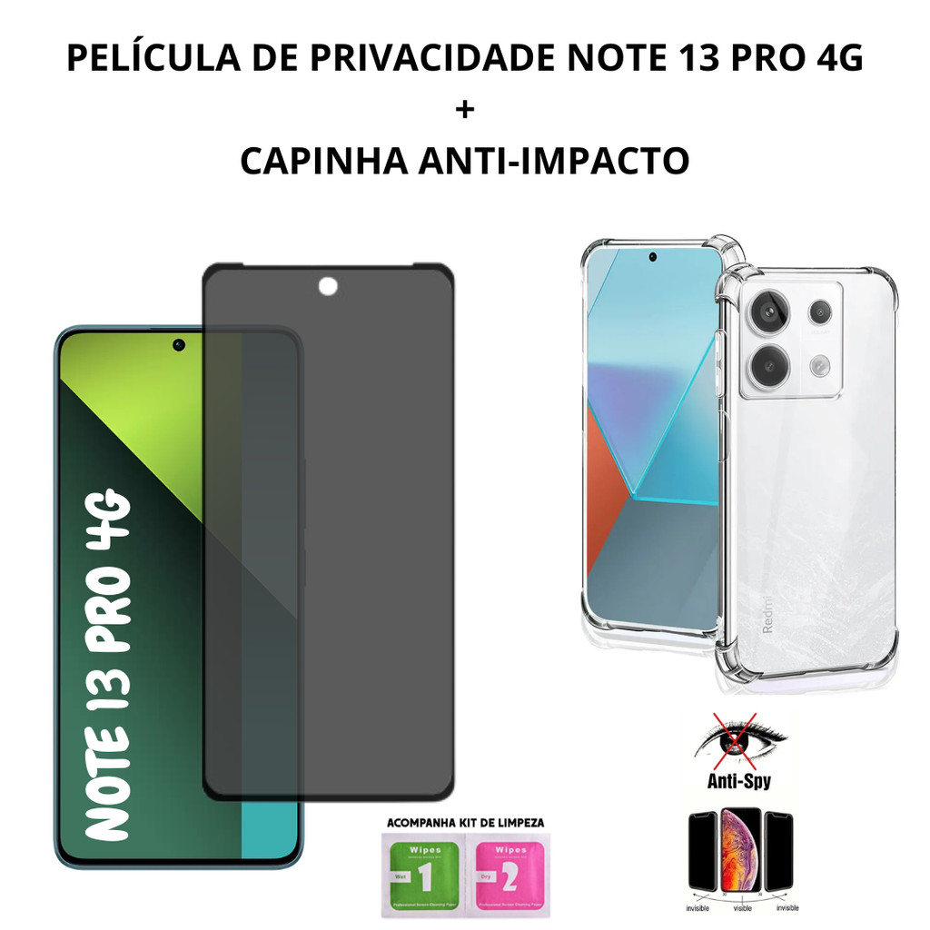 Película de Privacidade Xiaomi Redmi Note 13 Pro 4G + Capa Anti-Impacto Transparente em Oferta na Shopee
