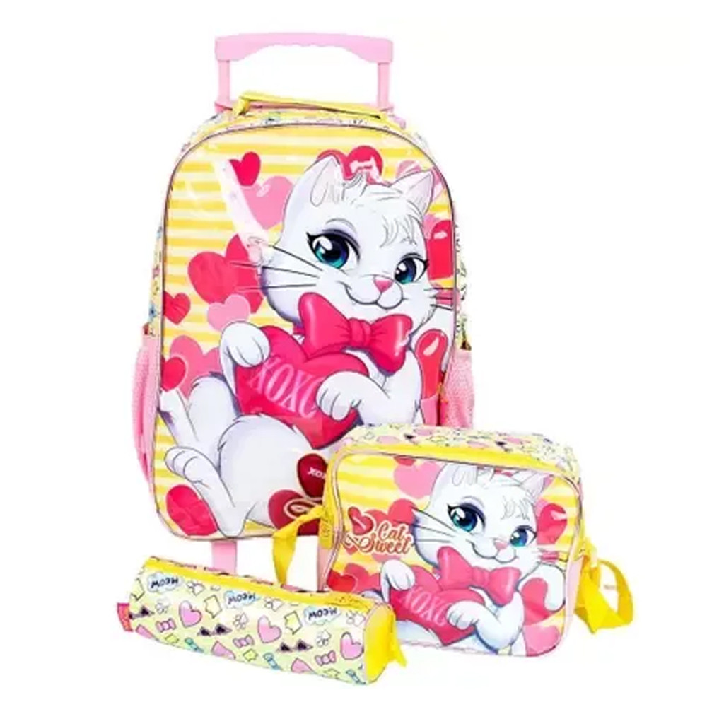 KIT MOCHILA DE RODINHA INFANTIL LANCHEIRA E ESTOJO CAT SWEET - BPD33985 - - WINCY