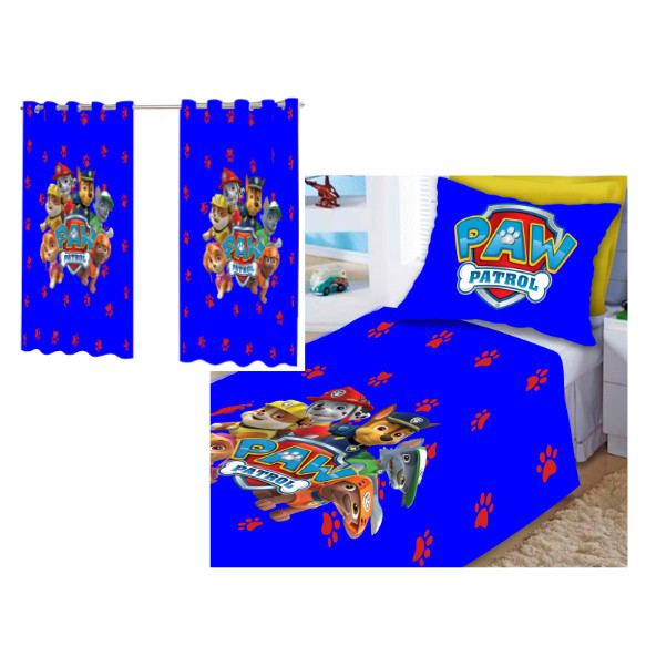Kit Lençol solteiro + Cortina PATRULHA CANINA AZUL em Oferta na Shopee