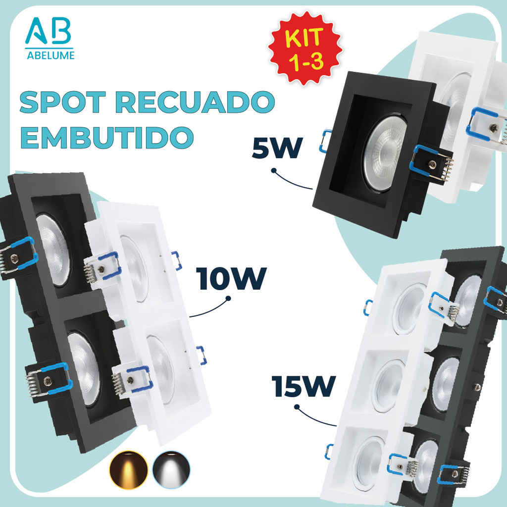 Kit 3 Spot Embutido Recuado Led 5W 10W 15W Preto e Branco Iluminação Branco Luz Fria e Quente Bivolt - Home & Living