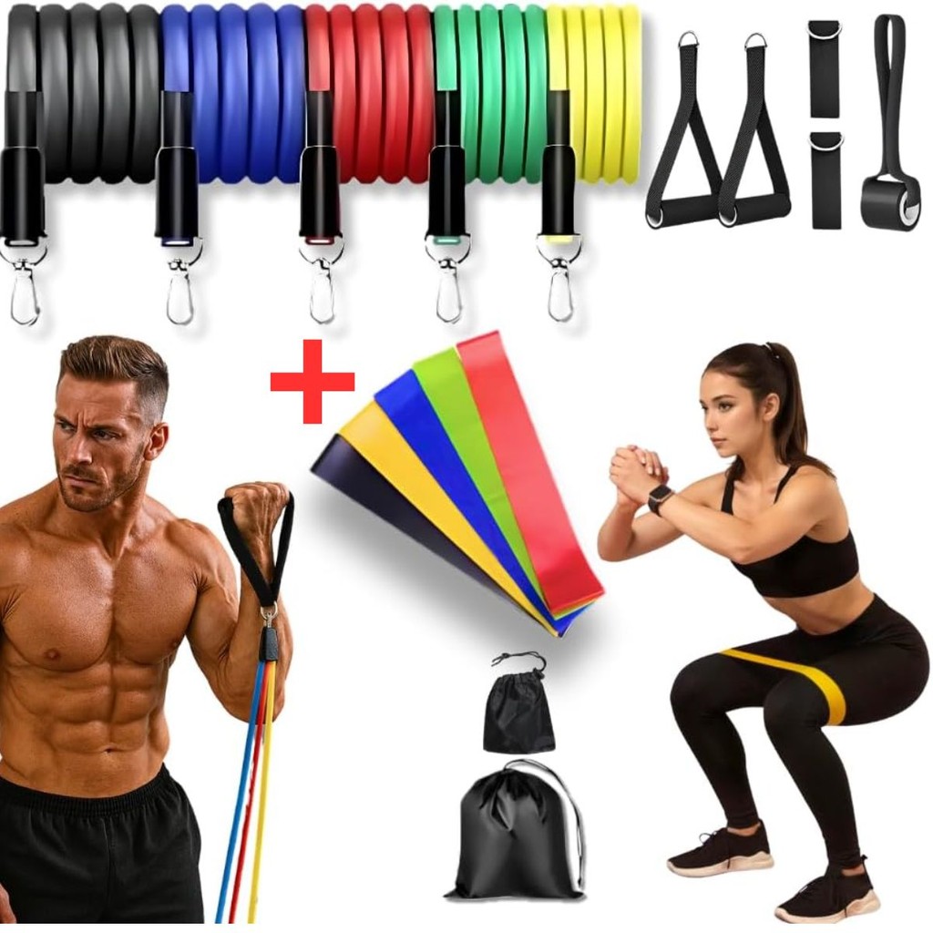Kit Elástico Treino Extensor 11 Itens + 5 Faixas Mini Band Exercício Fisioterapia Academia em Casa
