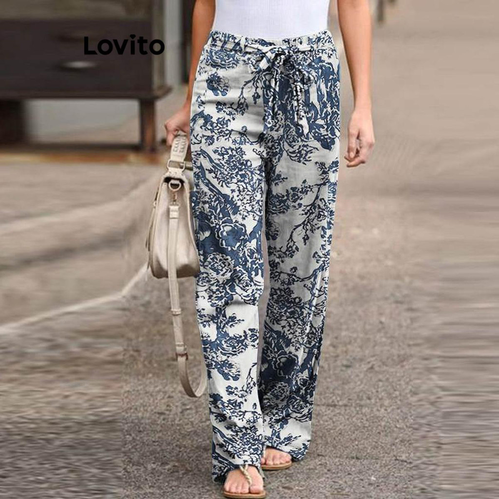 Lovito Calças Boho Plants com cordões para mulheres LNL61362 - Women Clothes