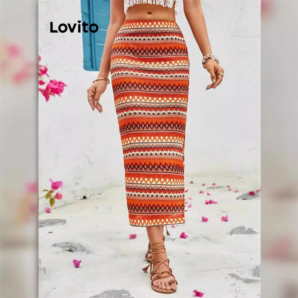 Lovito Saias Boho Com Estampa Tribal E Saia Dividida Para Mulheres LNL70162 - Women Clothes