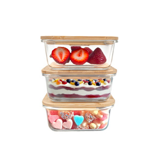 kit 3 potes de vidro 740ml com tampa de bambu hermético marmita quadrados - Tud em Oferta na Shopee