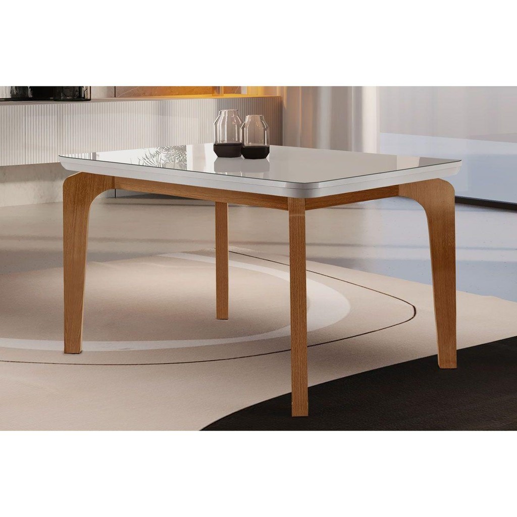 Mesa para Cozinha Londrina c/Tampo Madeirado Vidro Canto Curvo 120x80cm Off White/Imbuia/Vidro Off White - Rufato - Home & Living
