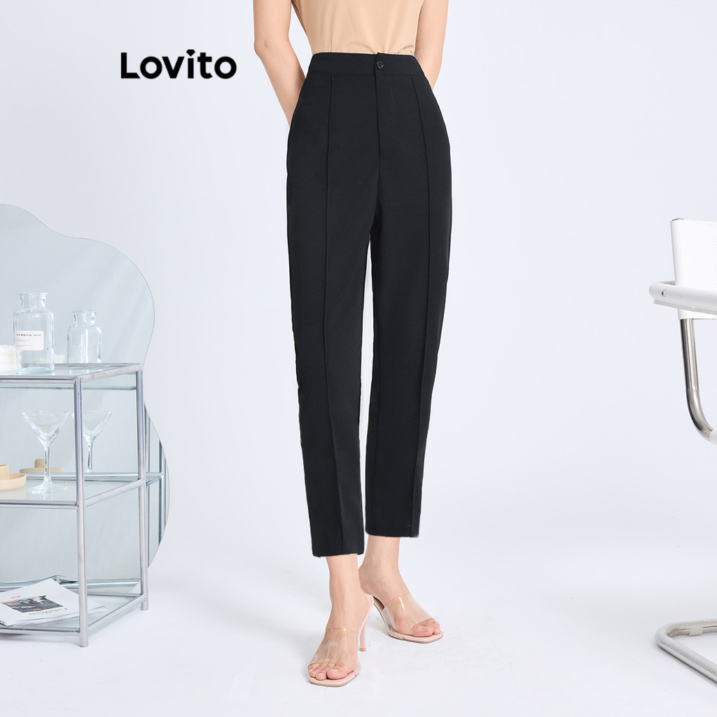Detalhes do Lovito Calça casual com estrutura de botão liso para mulheres L99ED0296