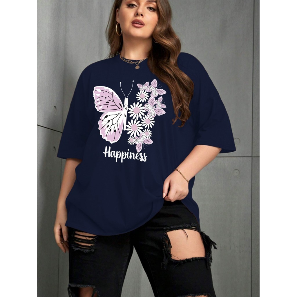 Blusa Oversized Aesthetic Camiseta Unissex Estampada Azul Marinho Felicidade T Shirt Bordada Camisa