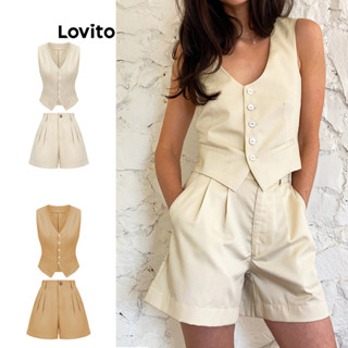 Lovito Jaqueta ou Shorts femininos casuais com botão liso e bolso frontal L65ED104