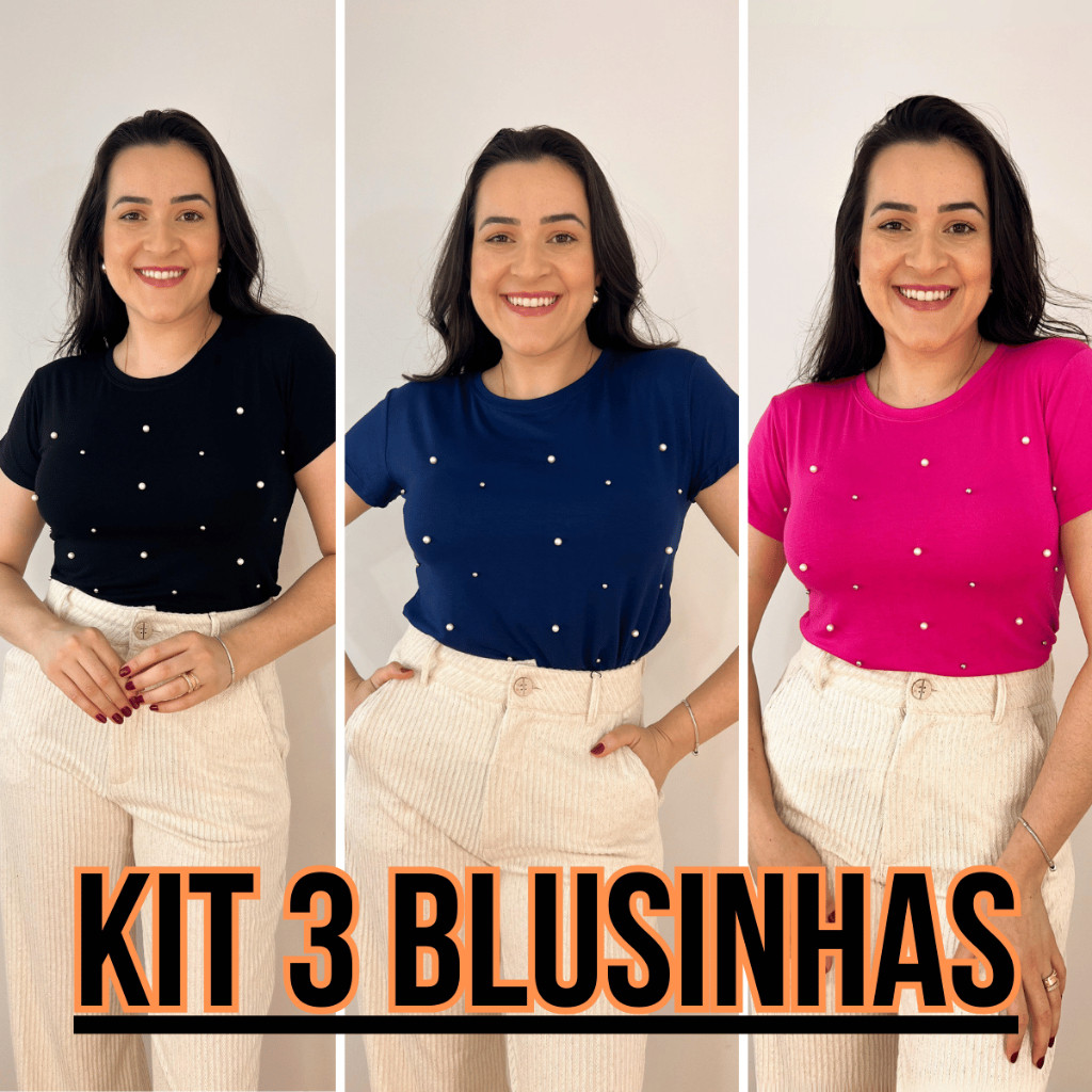 Kit 3 Blusinhas Perolas Viscolaycra Feminina Blusa Promoção Trabalho Escola