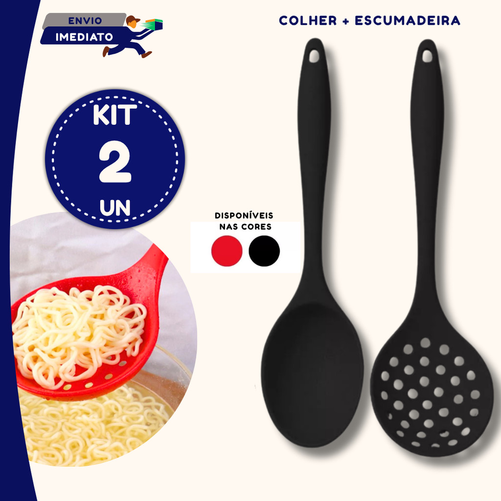 Utensílios Silicone Colher Escumadeira Cozinha Antiaderente Vermelha ou Preta