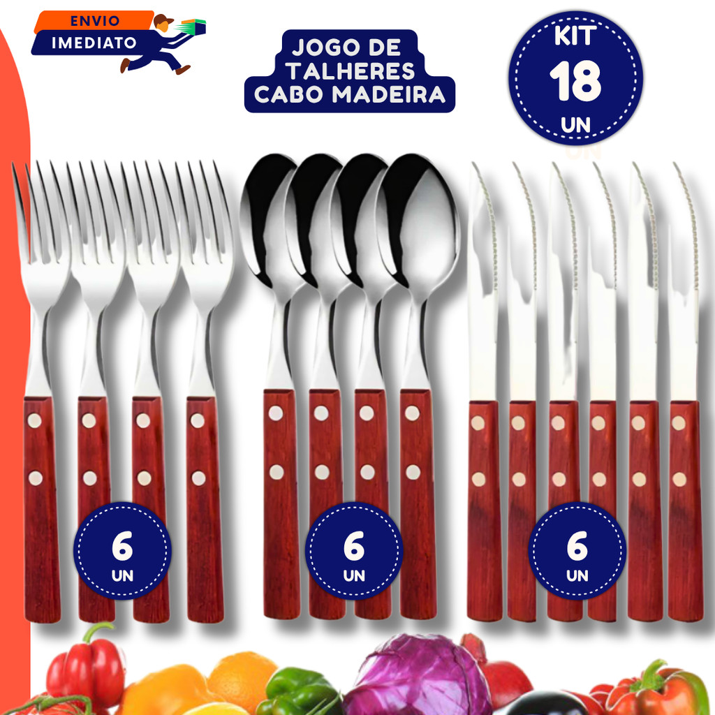 Kit 18 Talheres de Cozinha Inox Cabo de Madeira Garfo Faca e Colher de Mesa Faqueiro Restaurante Buffet Talher Churrasco