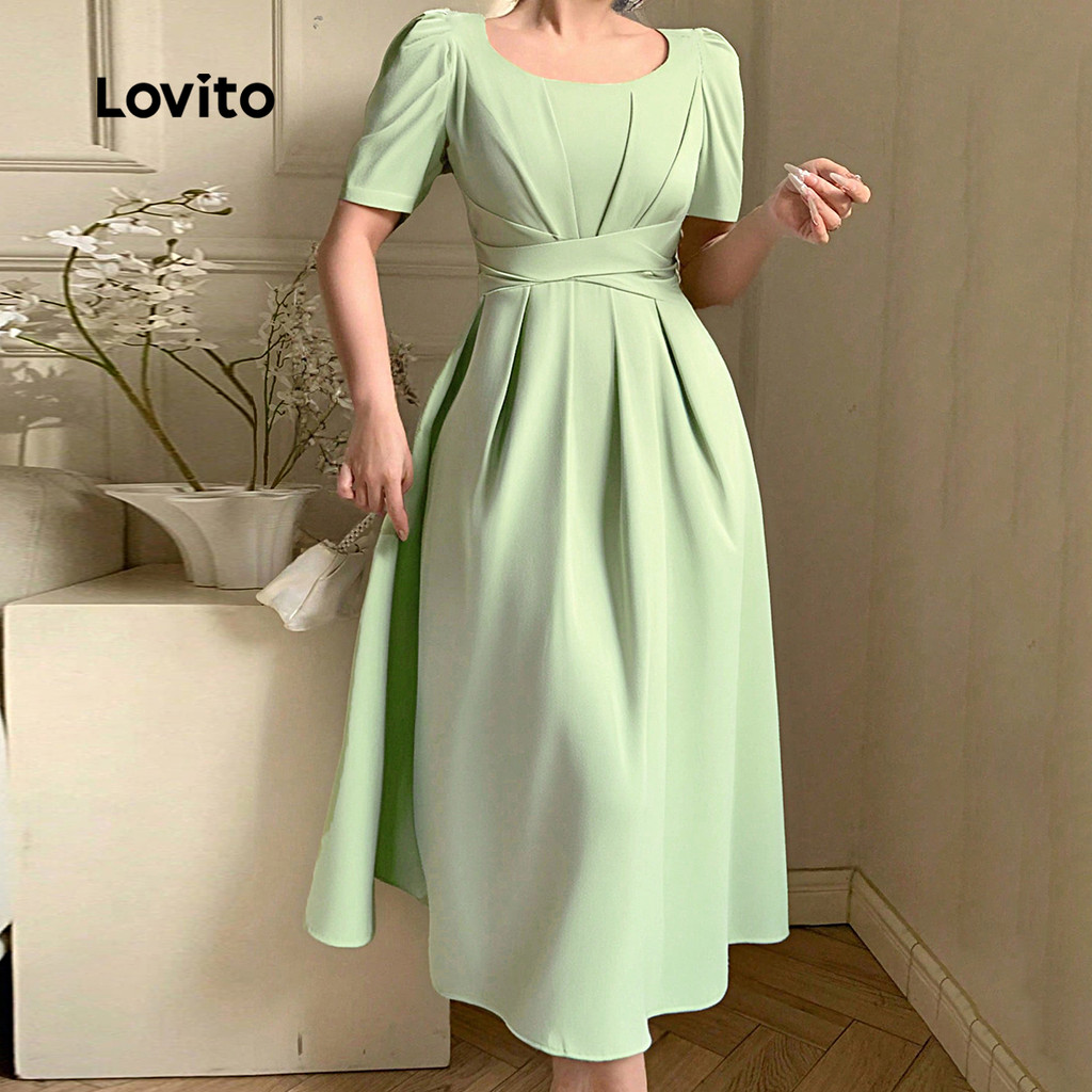 Detalhes do Lovito Refine Vestido Cruzado Plissado Verde Verão Feminino L137ED153